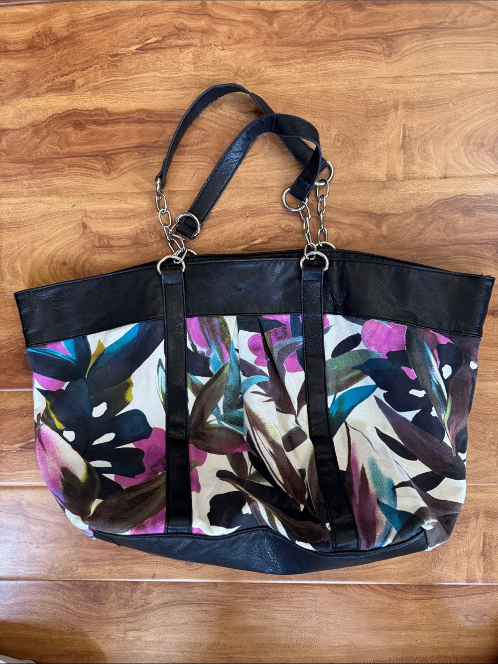 New York & Company Black Trim Floral Tote with Pink, Teal & Cream Accents